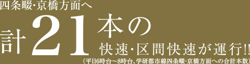 四条畷・京橋方面へ計21本の快速・区間快速が運行!!（平日6時台〜8時台、学研都市線四条畷・京橋方面への合計本数）