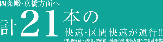 四条畷・京橋方面へ計21本の快速・区間快速が運行!!（平日6時台〜8時台、学研都市線四条畷・京橋方面への合計本数）