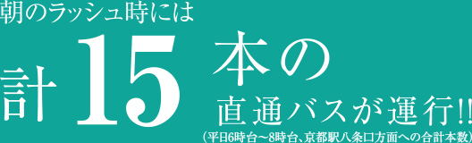 朝のラッシュ時には計15本の直通バスが運行!!（平日6時台〜8時台、京都駅八条口方面への合計本数）